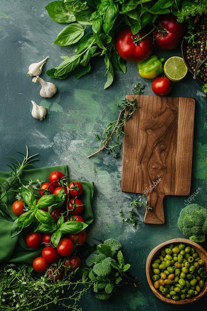 Ingredientes frescos sobre mesa de madera